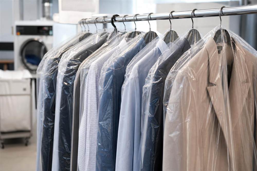 Garments hanging after dry cleaning