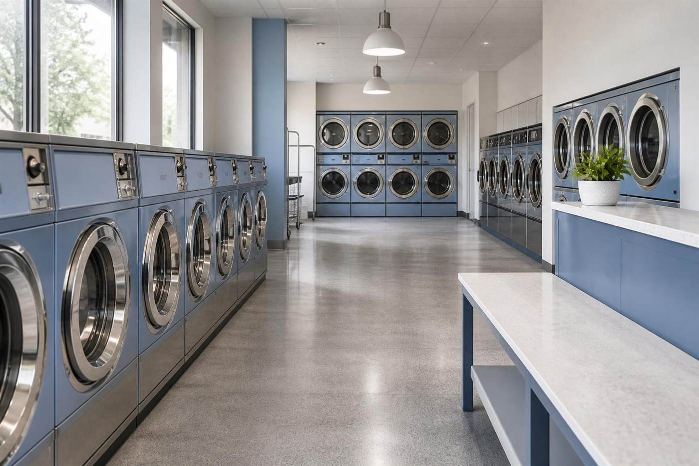 Bright laundry studio with professional machines