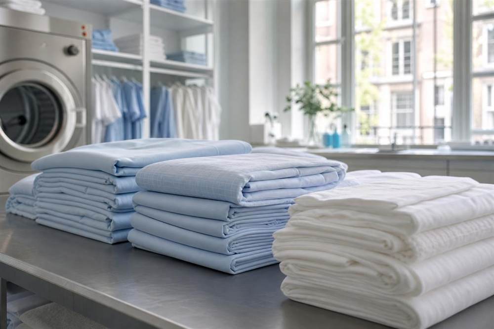 Folded blue and white linens