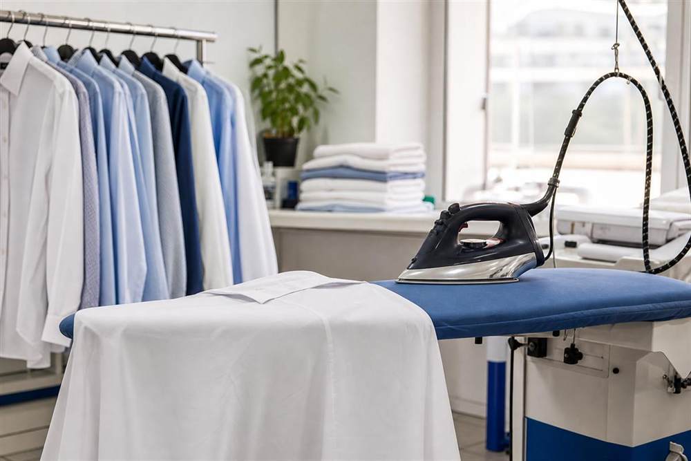 Steam pressing a shirt